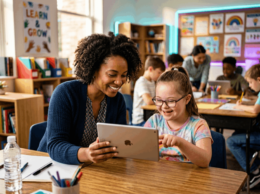 Professora e aluna especial utilizando tablet em uma sala de aula com alunos ao fundo